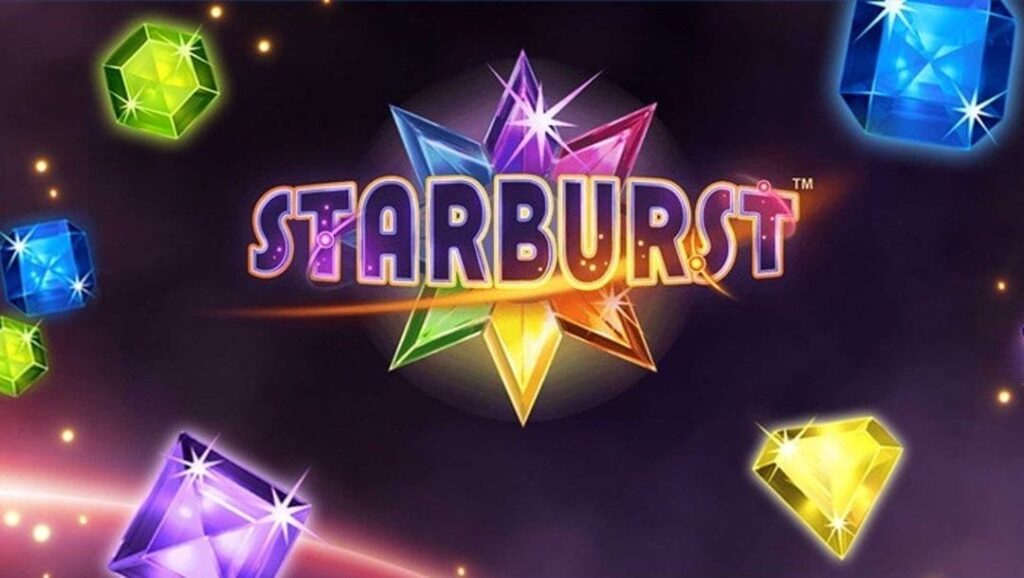 Starburst slot artwork showing the game logo over a space background with coloured gems